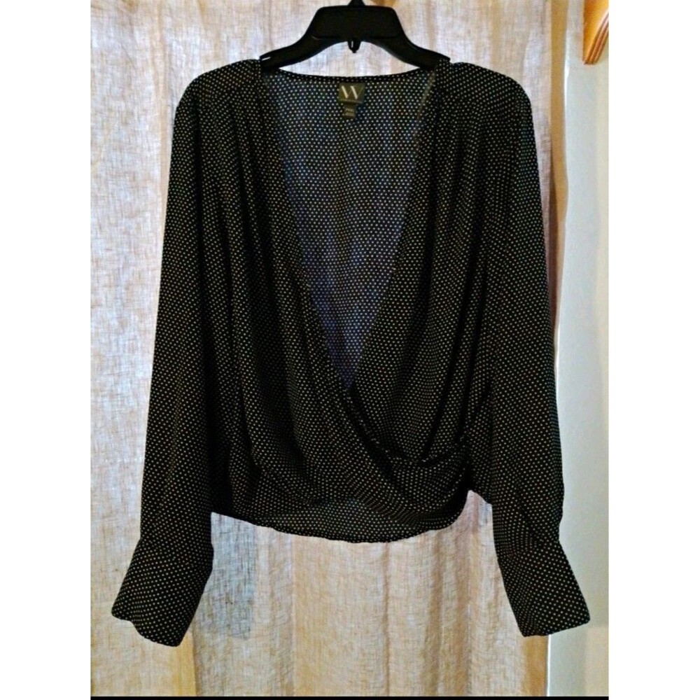 Worthington Petites P2XL Black White Polka Dot Long Sleeve V-Neck Blouse Petite